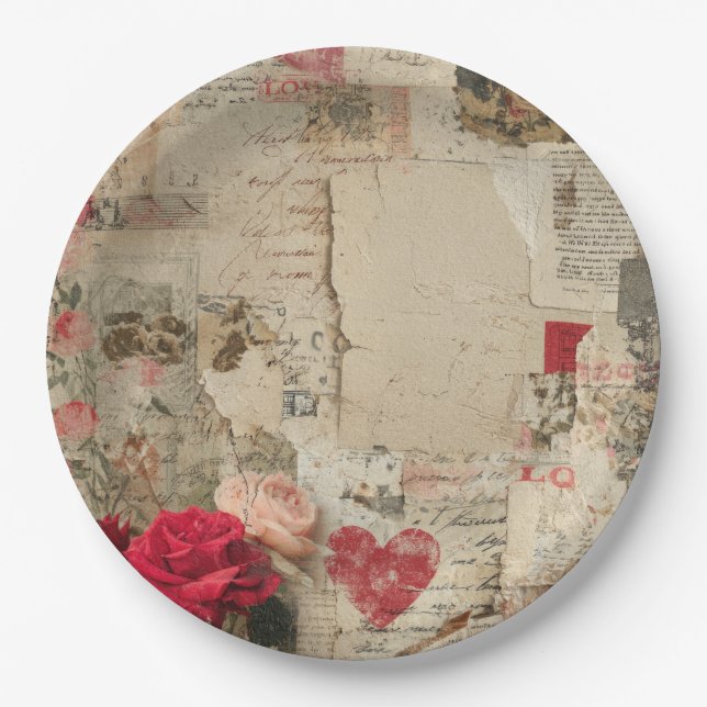 Vintage Romantic Rose Collage (4) Paper Plates (Front)
