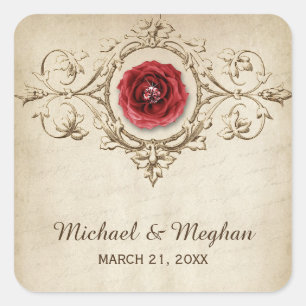 Vintage Romantic Rose Flourish Wedding Square Sticker