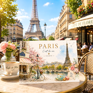 Vintage Romantic Watercolor Paris France Travel Holiday Postcard