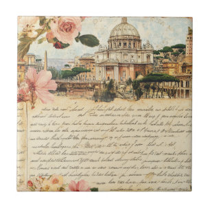 Vintage Rome Letters Floral Art Ceramic Tile