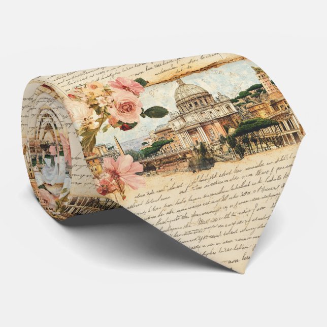Vintage Rome Letters Floral Art Neck Tie (Rolled)