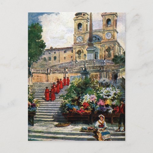 Vintage Rome watercolor Trinita dei Monti Postcard