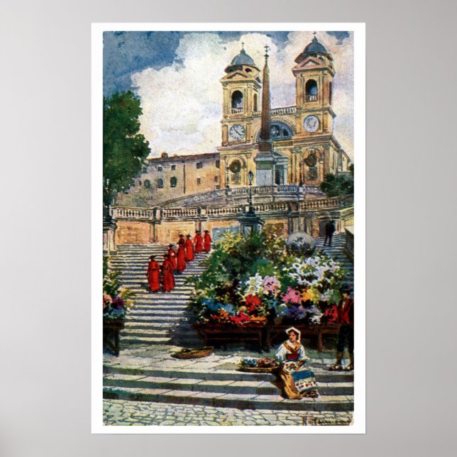 Vintage Rome watercolor Trinita dei Monti Poster (Front)