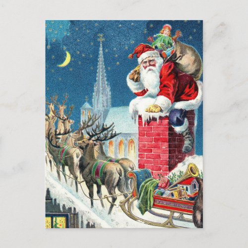 Vintage Rooftop Santa  Sleigh Christmas Holiday Postcard