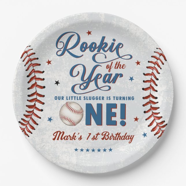 Vintage Rookie 1st Birthday Baseball Party Paper Plates (Front)
