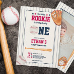 Vintage rookie baseball red blue 1st birthday invitation<br><div class="desc">Throw a home run 1st birthday party with our Vintage Rookie Baseball themed invitation! Celebrate your little rookie very first birthday, with this red and blue baseball theme invitation featuring a baseball bat, ball and glove in watercolor, change the stripes and text to your team color. Add your baby photo...</div>