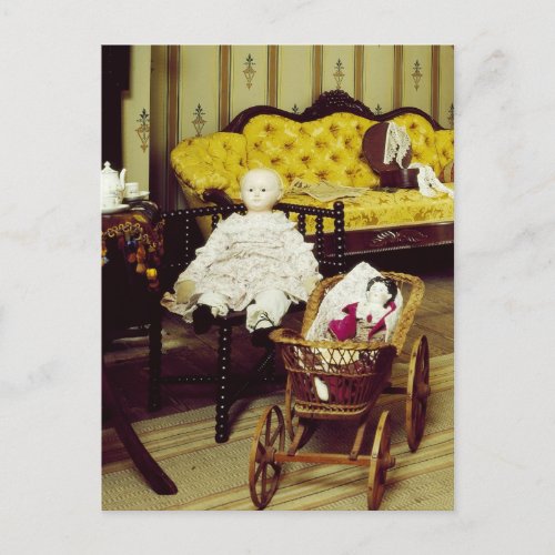 Vintage room with dolls and wicker pram postcard