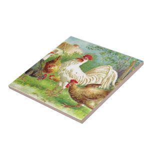 Vintage Rooster and Chickens Ceramic Tile