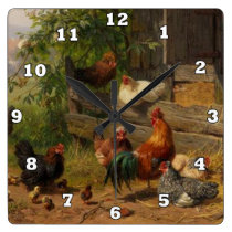 Vintage rooster and chickens Country wall decor Square Wall Clock