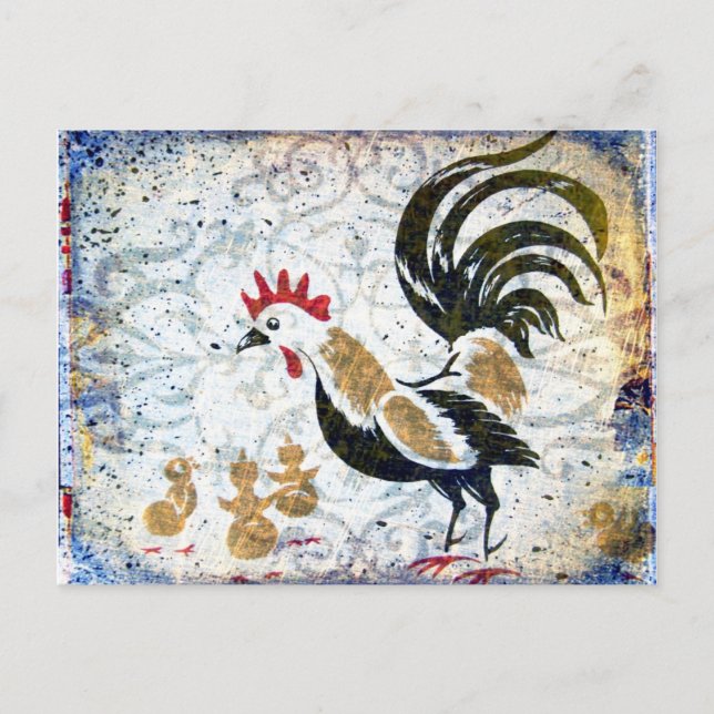 Vintage Rooster and Chicks Postcard (Front)