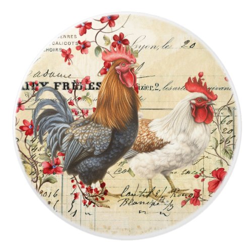Vintage Rooster and Hen Ceramic Knob