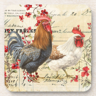 Vintage Rooster and Hen Ephemera Beverage Coaster