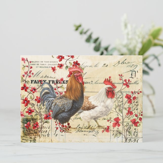 Vintage Rooster and Hen Ephemera Decoupage Invitation (Standing Front)