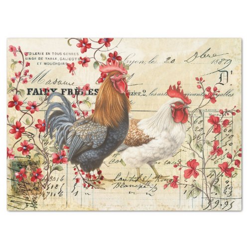 Vintage Rooster and Hen Ephemera Decoupage Tissue Paper