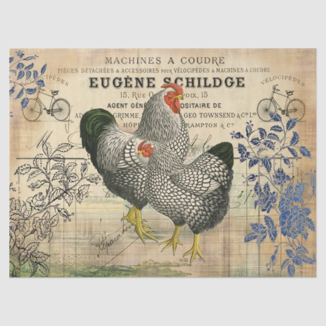 Vintage Rooster and Hen Ephemera Decoupage Tissue Paper (Front)