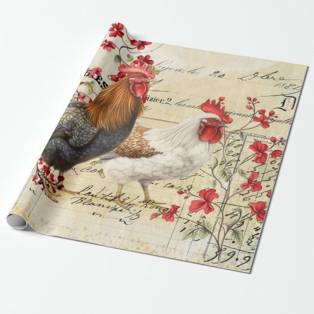 Vintage Rooster and Hen Ephemera Decoupage Wrapping Paper (Unrolled)