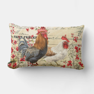 Vintage Rooster and Hen Ephemera Lumbar Pillow