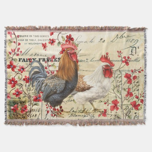 Vintage Rooster and Hen Ephemera Throw Blanket
