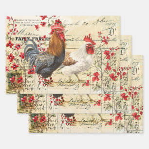 Vintage Rooster and Hen Ephemera Wrapping Paper Sheets