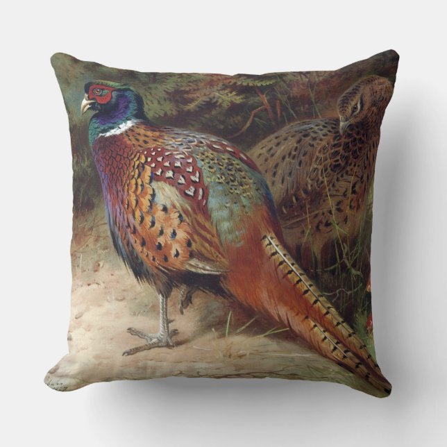 Vintage Rooster and Hen Pheasant Throw Pillow (Front)