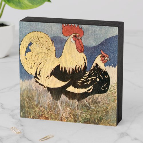Vintage Rooster And Hen Wooden Box Sign