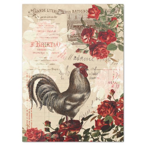 Vintage Rooster and Roses Decoupage Ephemera Tissu Tissue Paper