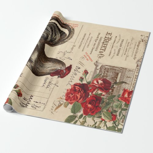 Vintage Rooster and Roses Wrapping Paper