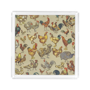 Vintage Rooster Chicken Pattern: Farmhouse Art Acrylic Tray