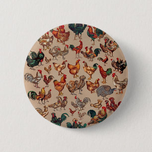 Vintage Rooster Chicken Pattern: Farmhouse Art Button