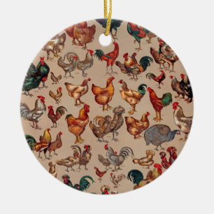 Vintage Rooster Chicken Pattern: Farmhouse Art Ceramic Ornament