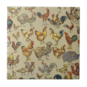 Vintage Rooster Chicken Pattern: Farmhouse Art Ceramic Tile