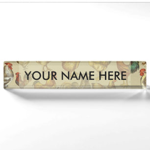Vintage Rooster Chicken Pattern: Farmhouse Art Desk Name Plate