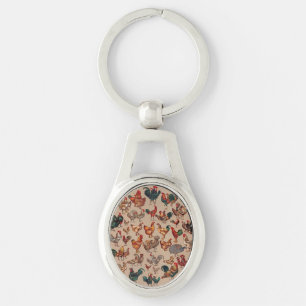 Vintage Rooster Chicken Pattern: Farmhouse Art Keychain