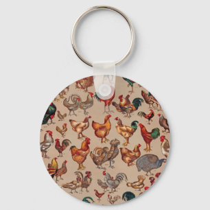 Vintage Rooster Chicken Pattern: Farmhouse Art Keychain