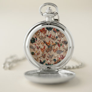 Vintage Rooster Chicken Pattern: Farmhouse Art Pocket Watch
