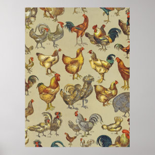 Vintage Rooster Chicken Pattern: Farmhouse Art Poster