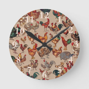 Vintage Rooster Chicken Pattern: Farmhouse Art Round Clock