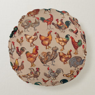 Vintage Rooster Chicken Pattern: Farmhouse Art Round Pillow