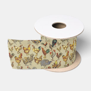 Vintage Rooster Chicken Pattern: Farmhouse Art Satin Ribbon