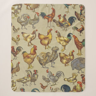 Vintage Rooster Chicken Pattern: Farmhouse Art Sherpa Blanket
