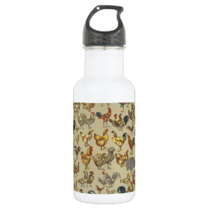 Vintage Rooster Chicken Pattern: Farmhouse Art Stainless Steel Water Bottle
