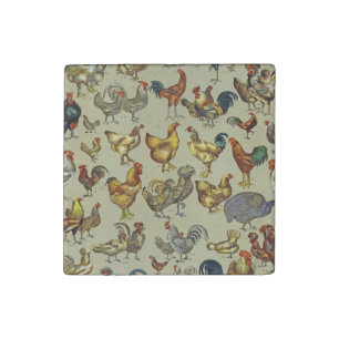 Vintage Rooster Chicken Pattern: Farmhouse Art Stone Magnet