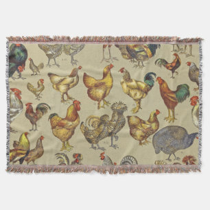 Vintage Rooster Chicken Pattern: Farmhouse Art Throw Blanket