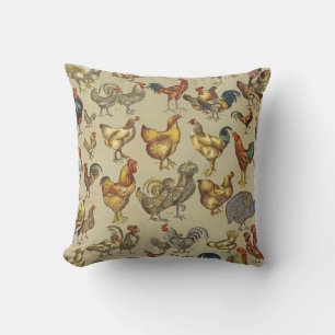 Vintage Rooster Chicken Pattern: Farmhouse Art Throw Pillow