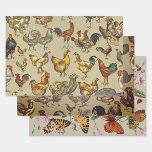 Vintage Rooster Chicken Pattern: Farmhouse Art Wrapping Paper Sheets