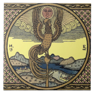 Vintage Rooster Crowing to Morning Sun by Bilibin Ceramic Tile