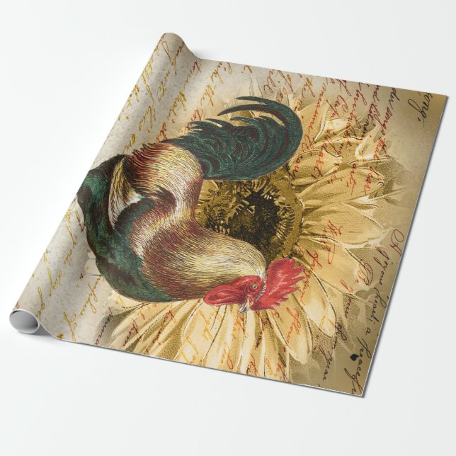 Vintage Rooster Ephemera Decoupage Wrapping Paper (Unrolled)