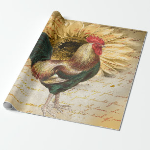 Vintage Rooster Ephemera Decoupage Wrapping Paper