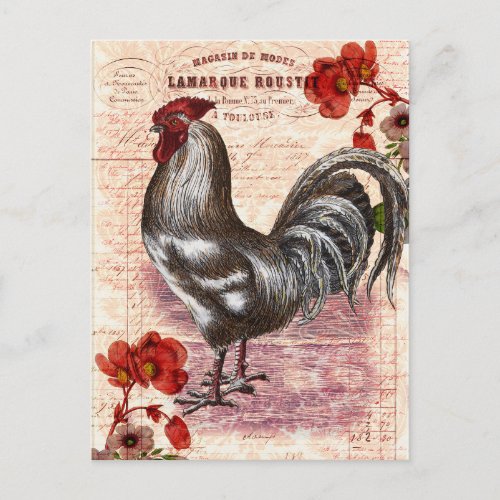 Vintage Rooster Floral Ephemera Postcard