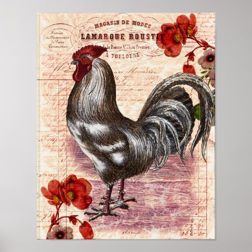 Vintage Rooster Floral Ephemera Poster